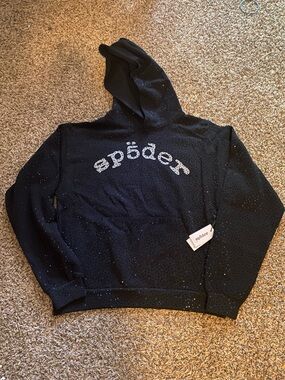 sp5der Men's Black Hooded Pullover Sweatshirt